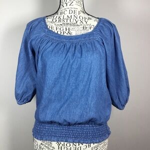 Blue denim 100% cotton square neck top smocked waist peasant western country S